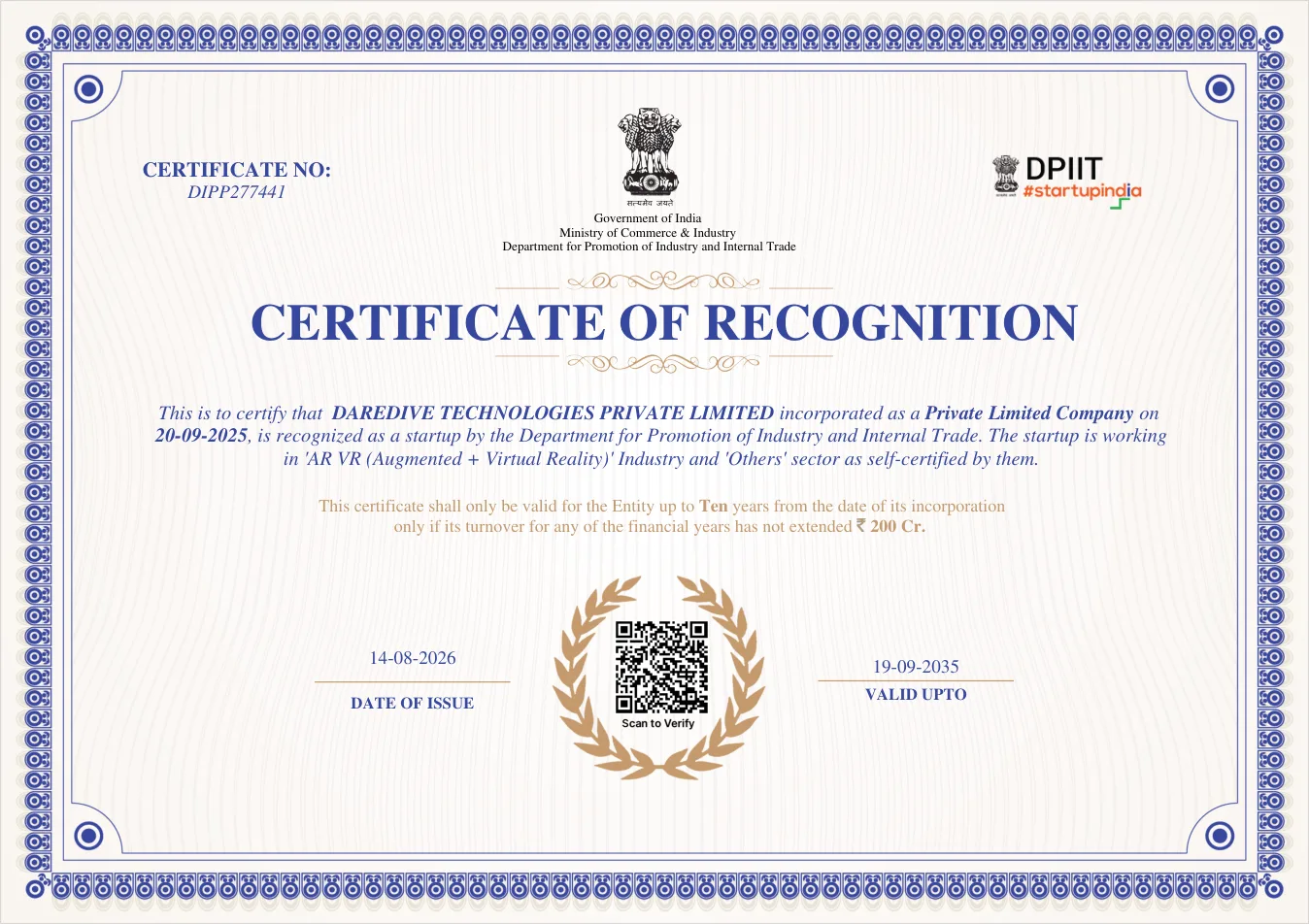 Certificate of Recognition from the Department for Promotion of Industry and Internal Trade, Government of India, recognising DareDive Technologies Private Limited as a startup